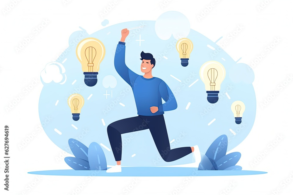 Poster man thinking. light bulb icon mark. creativity. problem solving. ideas. generative ai