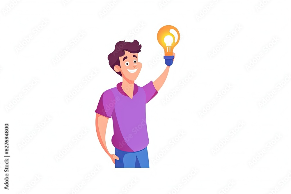 Poster concept of idea or problem solving. young man shows a thinking expression. illustration of light bul