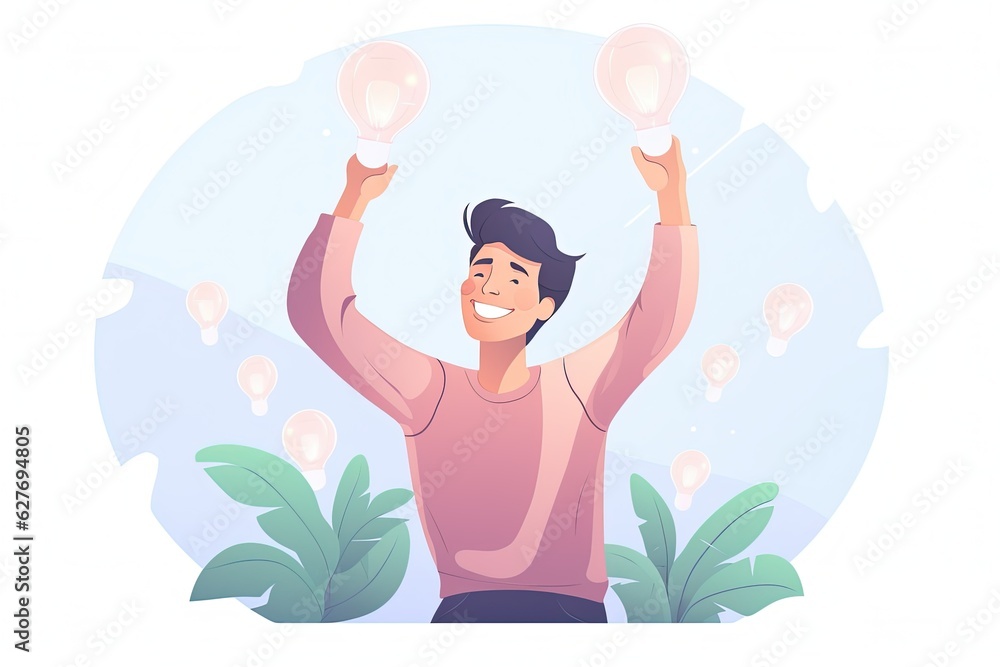 Poster concept of idea or problem solving. young man shows a thinking expression. illustration of light bul