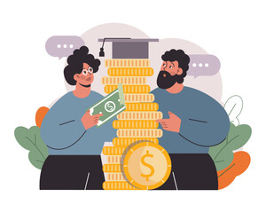 Student debt. Young graduated character with a financial crisis. Expencive