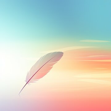 Feathers float in the air on rainbow sky background. generative ai