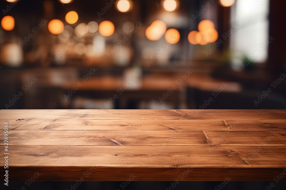 Poster empty wooden table top view on background bokeh blur light effect. mock up for a trade show. display