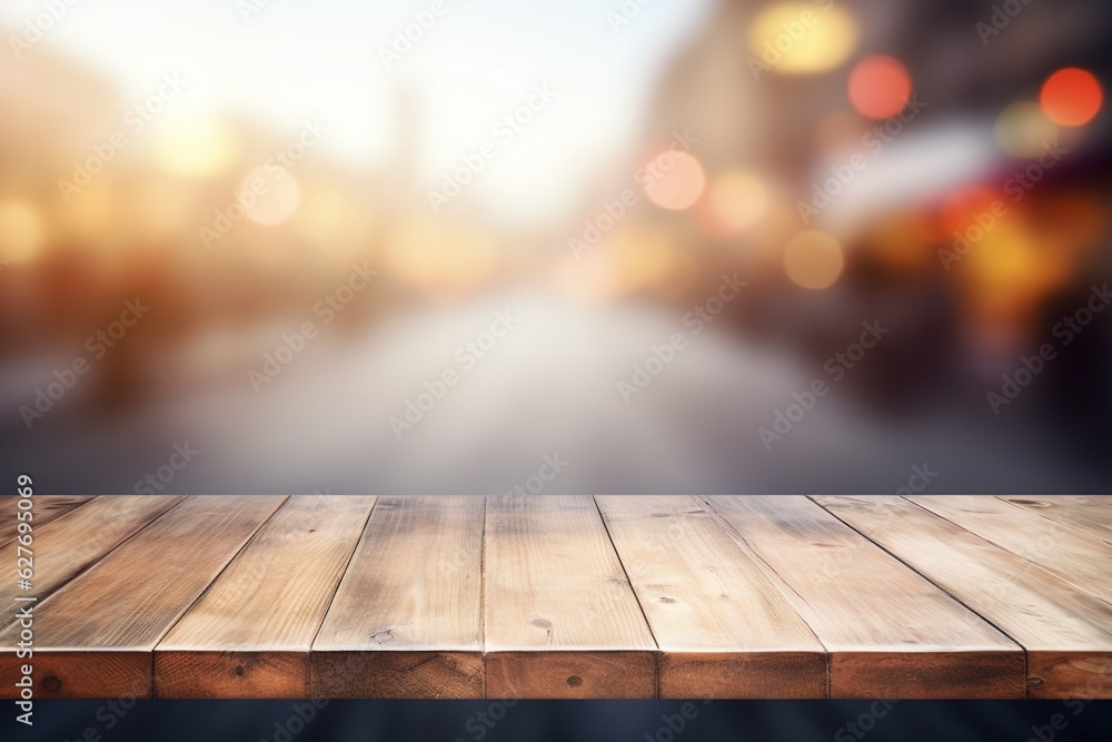 Poster empty wooden table top view on background bokeh blur light effect. mock up for a trade show. display