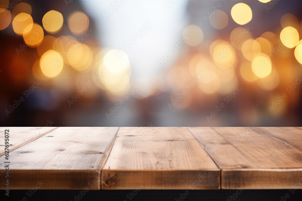 Poster empty wooden table top view on background bokeh blur light effect. mock up for a trade show. display
