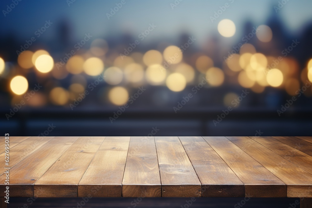 Poster empty wooden table top view on background bokeh blur light effect. mock up for a trade show. display