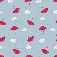 Seamless pattern with rain, umbrellas and clouds, autumn background.