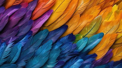 Fototapeta premium Generative AI, Beautiful rainbow colorful closeup feathers, photorealistic background, top view, aerial view.