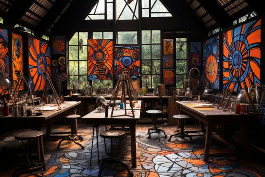 Vibrant Indonesian Batik Art Studio, Generative AI
