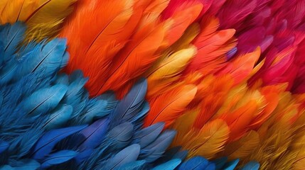 Obraz premium Generative AI, Beautiful rainbow colorful closeup feathers, photorealistic background, top view, aerial view.