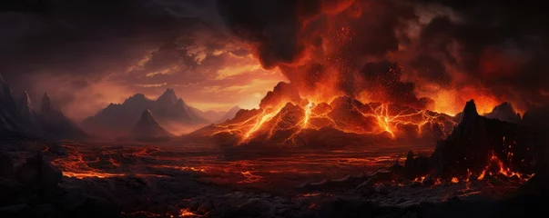 Fototapeten Active vulcano outbreak lava in big shaped mountains, fog all around, close upon  lava, panorama. © annamaria
