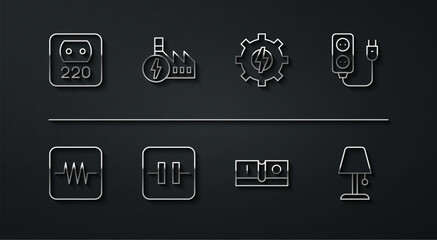 Set line Electrical outlet, Resistor in electronic circuit, extension, light switch, Electrolytic capacitor, Nuclear power plant, Table lamp and Gear and lightning icon. Vector