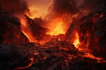 Gordijnen Active vulcano outbreak lava in big shaped mountains, fog all around, close up on lava. © annamaria