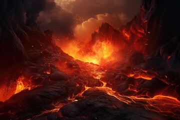 Active vulcano outbreak lava in big shaped mountains, fog all around, close up on lava.