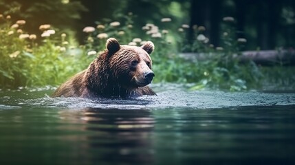 A beautiful view of bear in nature. Generative AI.