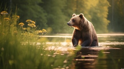 A beautiful view of bear in nature. Generative AI.