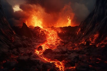 Active vulcano outbreak lava in big shaped mountains, fog all around, close up on lava. - obrazy, fototapety, plakaty
