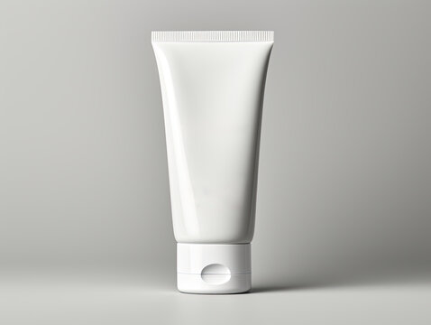 product shot by capturing a complete white small 15 ml sample toothpaste round tube. Position the tube upright in a geometric front view that highlights its sleek design Generative AI.
