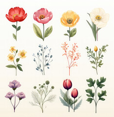 Botanical Set of Flowers and herbs. Bundle of abstract wildflowers. Spring sticker for diary or printing on fabric.