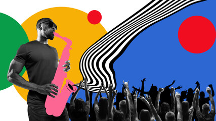Young, african man playing saxophone, making live performance, concert. Dancing people silhouettes. Contemporary art collage. Concept of music festival and inspiration, party. Banner, flyer, ad