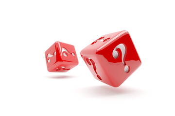 Two red dices with question marks on a white background, 3d rendering