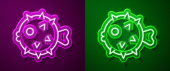 Glowing neon line Fish hedgehog icon isolated on purple and green background. Vector