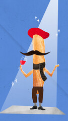 Contemporary art collage of baguette dressed like frenchman over blue background with immitation of...