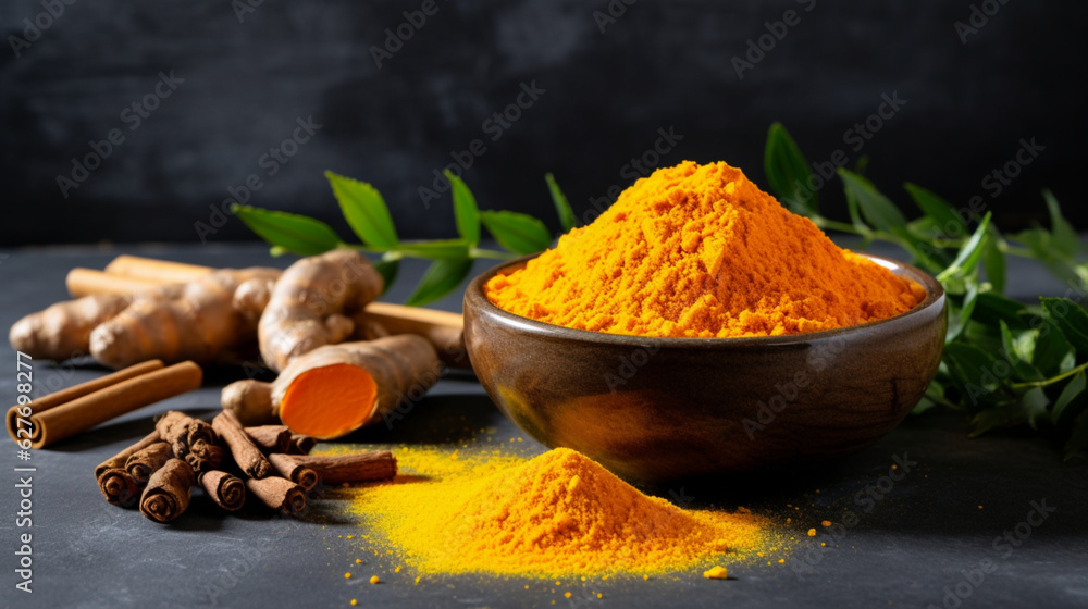 Wall mural Dried turmeric powder with leaves on dark background. Curcuma powder in a wooden bowl with turmeric roots, cinnamon and green leaves. Popular Indian curry spice also used in medicine or as natural dye