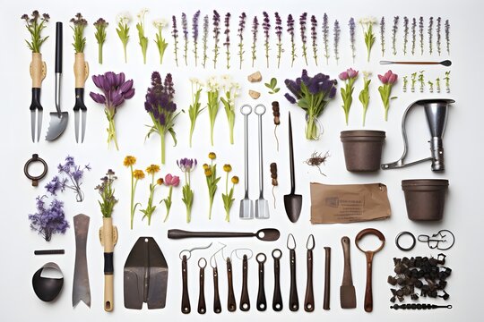 Set of gardening tools and flowerpots collage.