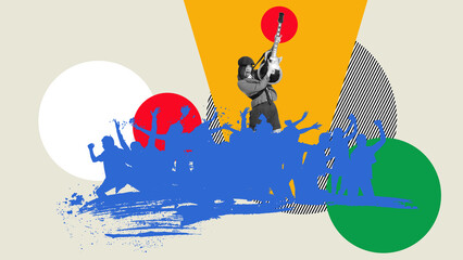 Young expressive girl making live concert, playing guitar. Dancing silhouettes of people. Contemporary art collage. Concept of music and festival, inspiration, party, event. Banner, flyer, ad