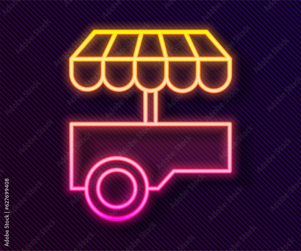 Wall mural glowing neon line fast street food cart with awning icon isolated on black background. urban kiosk. 