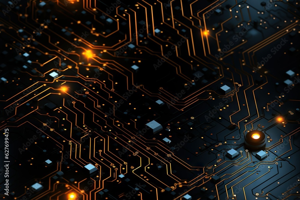 Poster abstract pattern resembling a futuristic circuit board with glowing lines backdrop generative ai