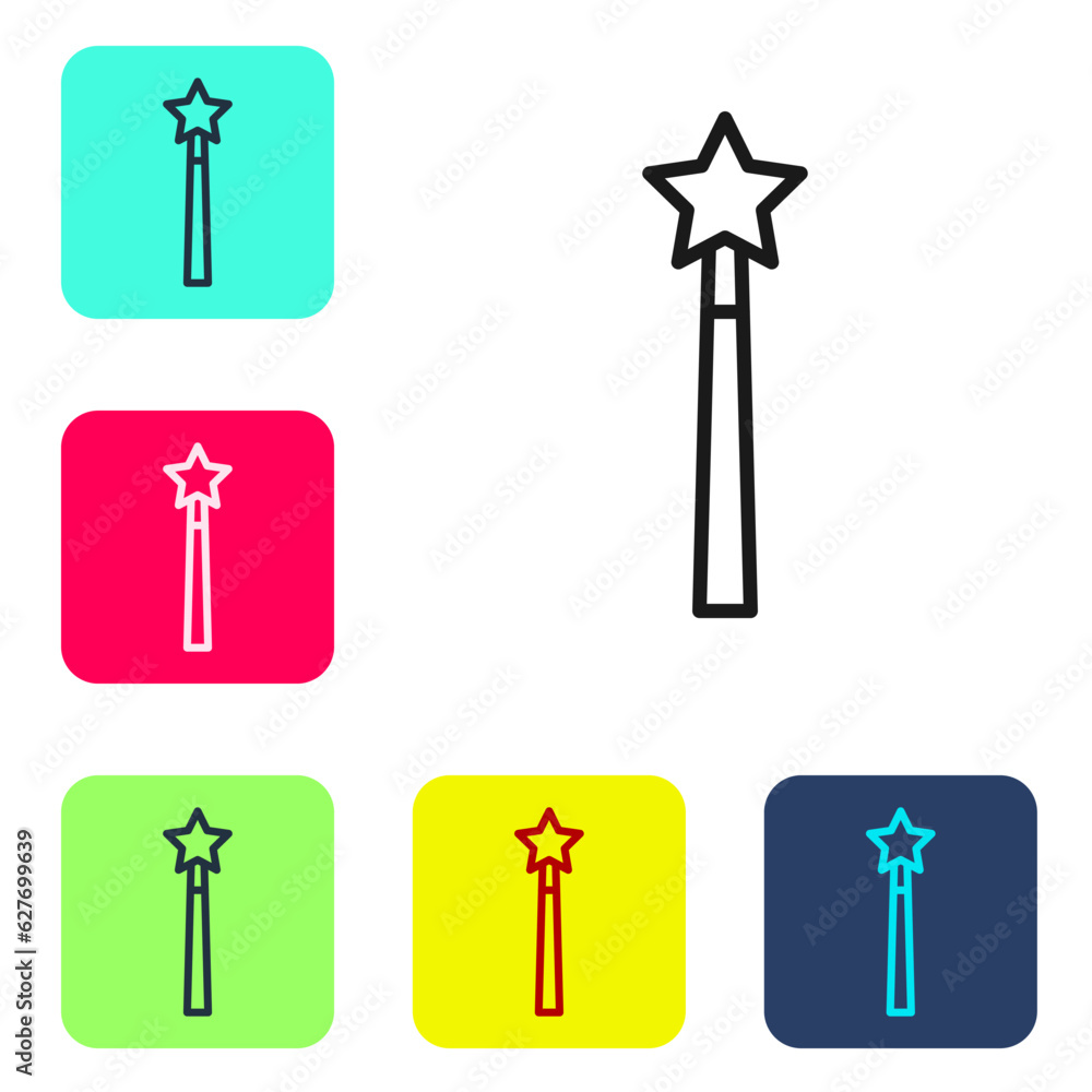 Poster black line magic wand icon isolated on white background. star shape magic accessory. magical power. 