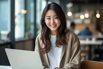 Asian office working girl with a radiant smile sits in front of her laptop computer, immersed in work, against a soothing blue turquoise background. generative AI.