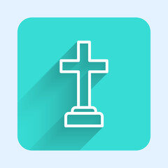 White line Man graves funeral sorrow icon isolated with long shadow background. The emotion of grief, sadness, sorrow, death. Green square button. Vector