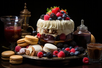 A delightful collection of decadent desserts like custards, cakes, and pastries, with eggs playing a crucial role in their preparation. Generative Ai