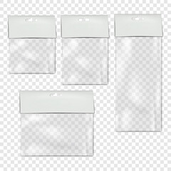 Empty clear plastic pouch bag with white blank paper label top and euro slot. Vector mock-up set. Hanging transparent nylon package kit mockup
