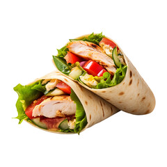 Delicious Chicken wrap with tomato cucumber and lettuce on transparent background Remove png created with Generative AI, Clipping Path - obrazy, fototapety, plakaty