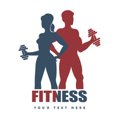 Fitness Club Logo or Emblem Strong Woman and Man Silhouettes Holds Dumbbells