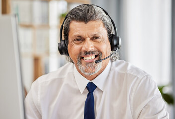 Call centre, happy and portrait of a man with a headset and a smile for customer service. Face of a...