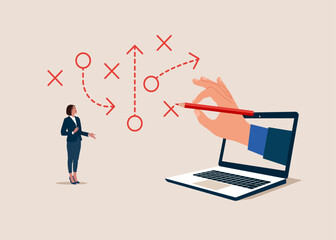 Computer with pencil  to solves tasks. Prioritize work for project management. Modern vector illustration in flat style