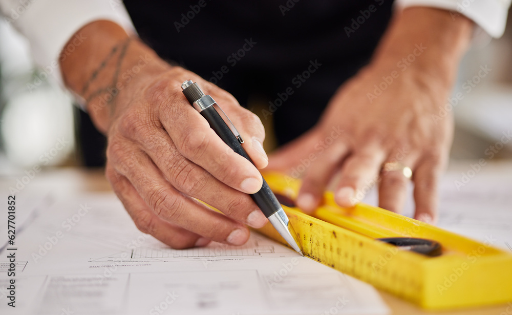 Poster Hands, architecture and ruler for drawing blueprint, paper and engineering of project, building development and illustration. Closeup of man, designer and stationery for lines, sketch and floor plan