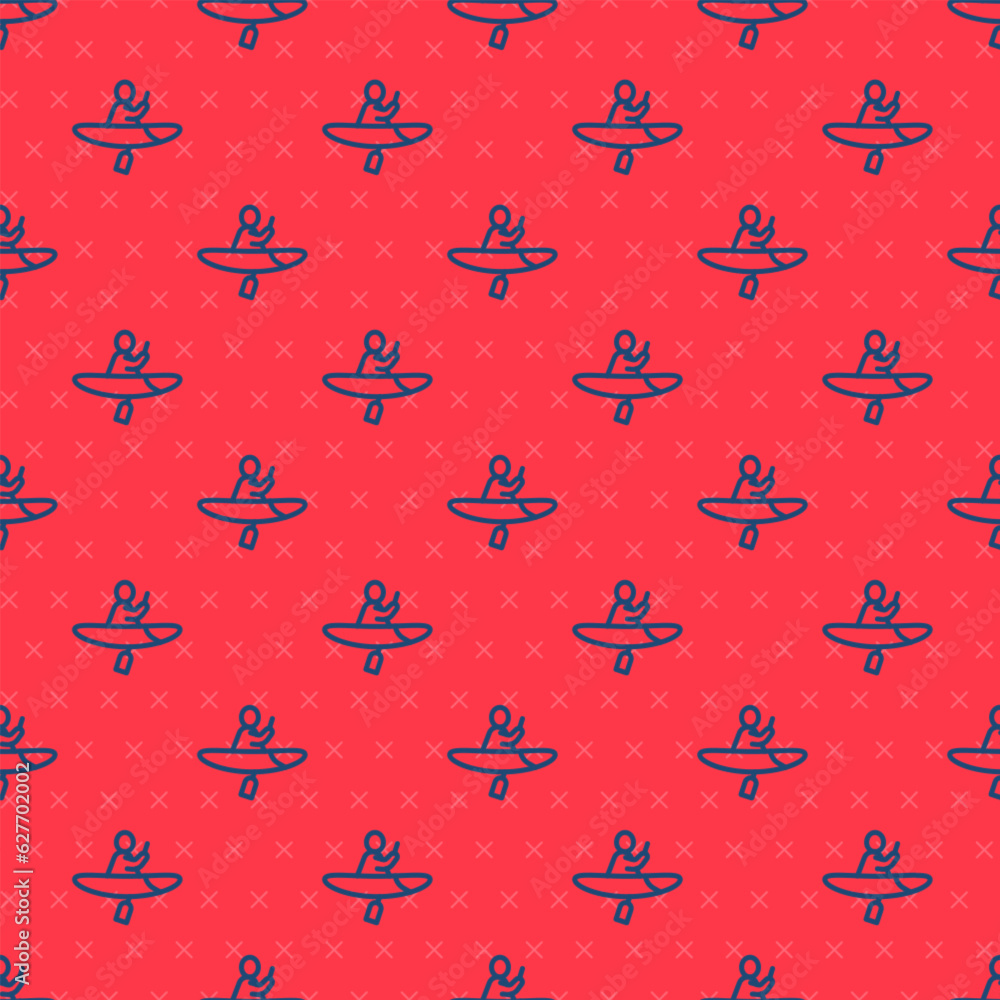 Poster blue line kayak and paddle icon isolated seamless pattern on red background. kayak and canoe for fis
