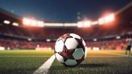 soccer ball on the grass of a large stadium