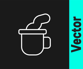White line Cup of tea icon isolated on black background. Vector