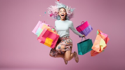 young woman wearing colorful cloth in modern style holding colorful shopping bags jumping with big smile and funny, Generative AI - obrazy, fototapety, plakaty
