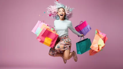 Peel and stick wall murals Music store young woman wearing colorful cloth in modern style holding colorful shopping bags jumping with big smile and funny, Generative AI