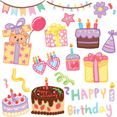 Birthday Happy Bday vector element set cute HBD cake and gift