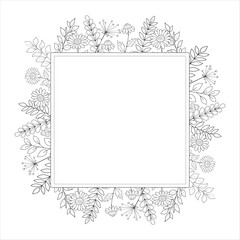 Square floral frame with flowers and twigs, line.