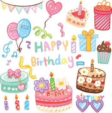 Birthday Happy Bday vector element set cute HBD cake and gift