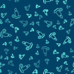 Green line Burning candle in candlestick icon isolated seamless pattern on blue background. Cylindrical candle stick with burning flame. Vector
